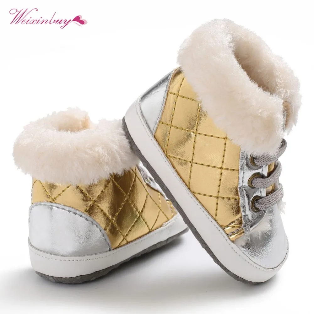 WEIXINBUY Newborn Baby Girls Snow Boots Shoes Warm Plush Soft Bottom Baby Leather Winter Kids For Baby 0-18M