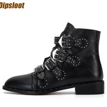 Шипованных кожаный пряжки женские ботильоны Рыцарь Стиль женские сапоги с квадратным каблуком Весна Лидер продаж Женская Мода Street Сапоги и ботинки для девочек размер 42