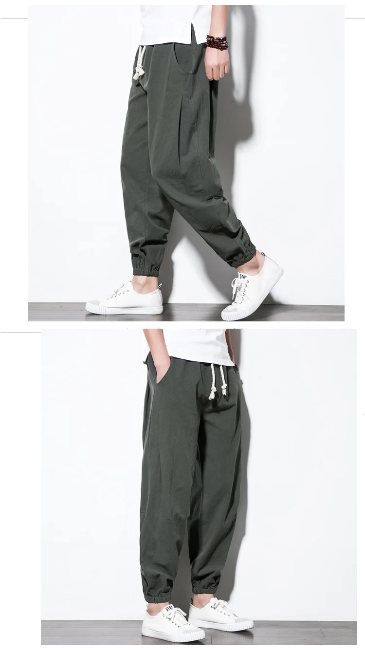 Льняные Мужские штаны повседневное пот брюки для девочек эластичный пояс Традиционный китайский мотобрюки хип хоп Les Панталоны мужские