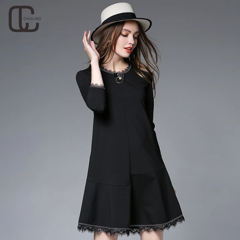 Autumn New Elegant Black Dresses Woman's Plus Size Three quarter ...