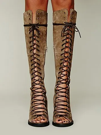 

High Quality Woman Peep Toe Gladiator Sandals Boots Female Genuine Leather Lace-up Knee High Boots Chunky Heels Vintage Shoes