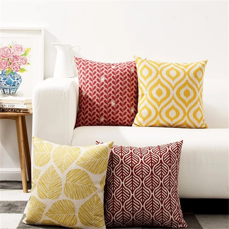 Decorative throw pillows case nordic style Yellow Retro Simple Red Leaves cotton linen cushion ...