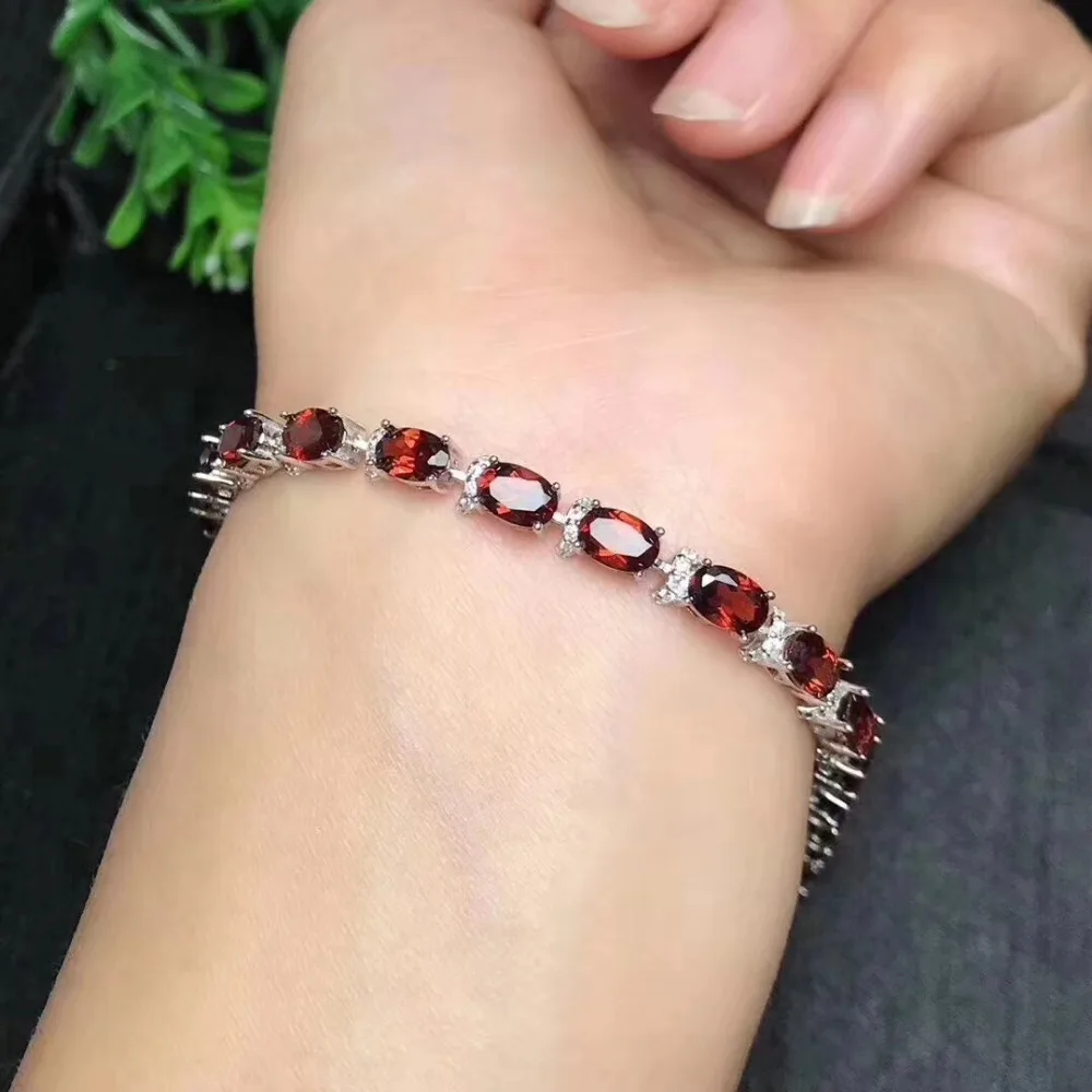  Naturel rouge grenat gemme mode Bracelet rond naturel pierres précieuses Bracelet S925 argent brace