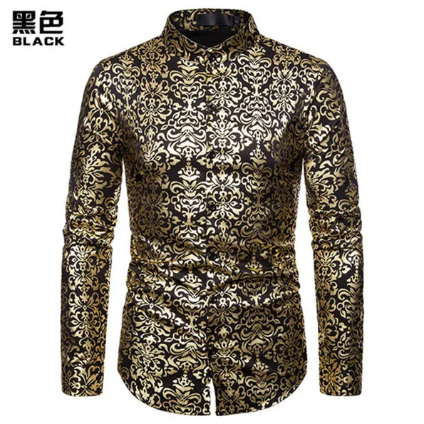 Shiny Gold Floral Print Mens Shirts Casual Slim Fit Long Sleeve Mandarin Collar Shirt Men Club Party Bronzing White Shirt Camisa - Цвет: Черный