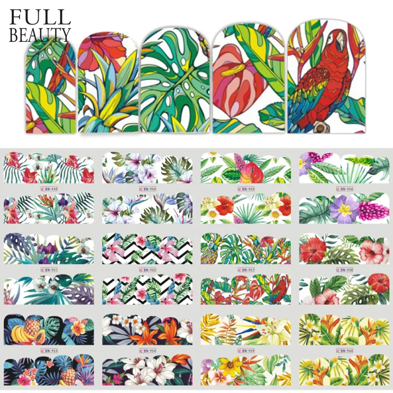 

12 Nail Designs Water Transfer Sticker Green Leaf Parrot Fruit Slider Flower Nail Art Decal Set Wraps Foils Manicure CHBN949-960