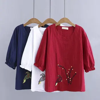 

Oversize Plus Size Cotton O-Neck Embroidered floral T Shirt Women Short Sleeve Tshirt 2019 t-shirt Summer Top