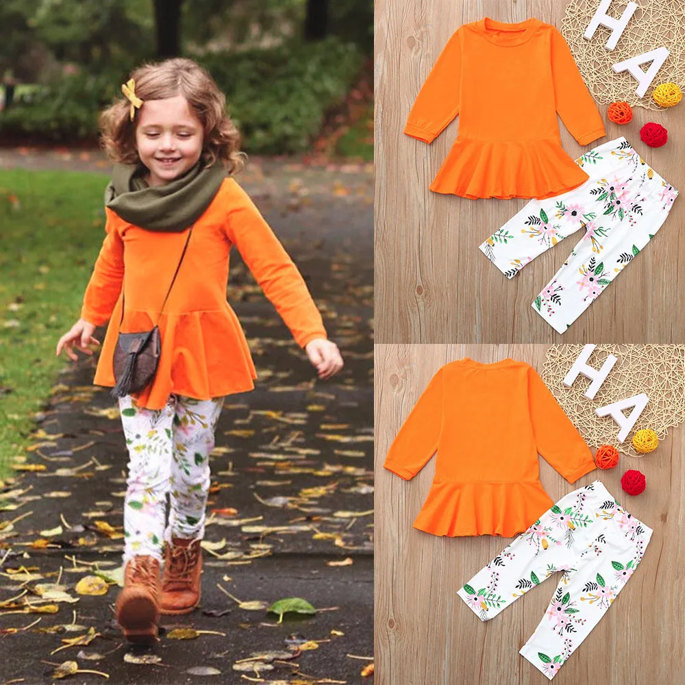 2019 Cute Summer Children's Two-piece set Toddler Baby Girls Solid Ruffles Tops Dresses Print Floral Pants Clothing Sets | Детская