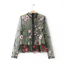 Sexy Mesh Flower Embroidery Tops Women Blouses 2017 Woman Shirt Black Summer Tops Womens See through ClothingCY0001