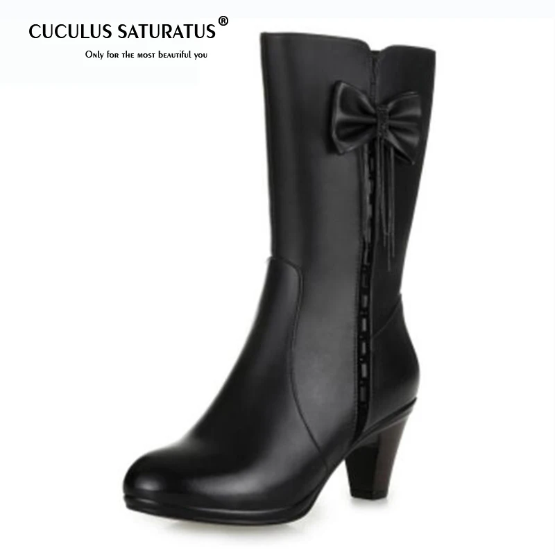 

Cuculus Newest Rhinestones Bow real leather boots Winter Shoes Woman plus and wool Snow Boots High Heel shoes Women Boots 1920
