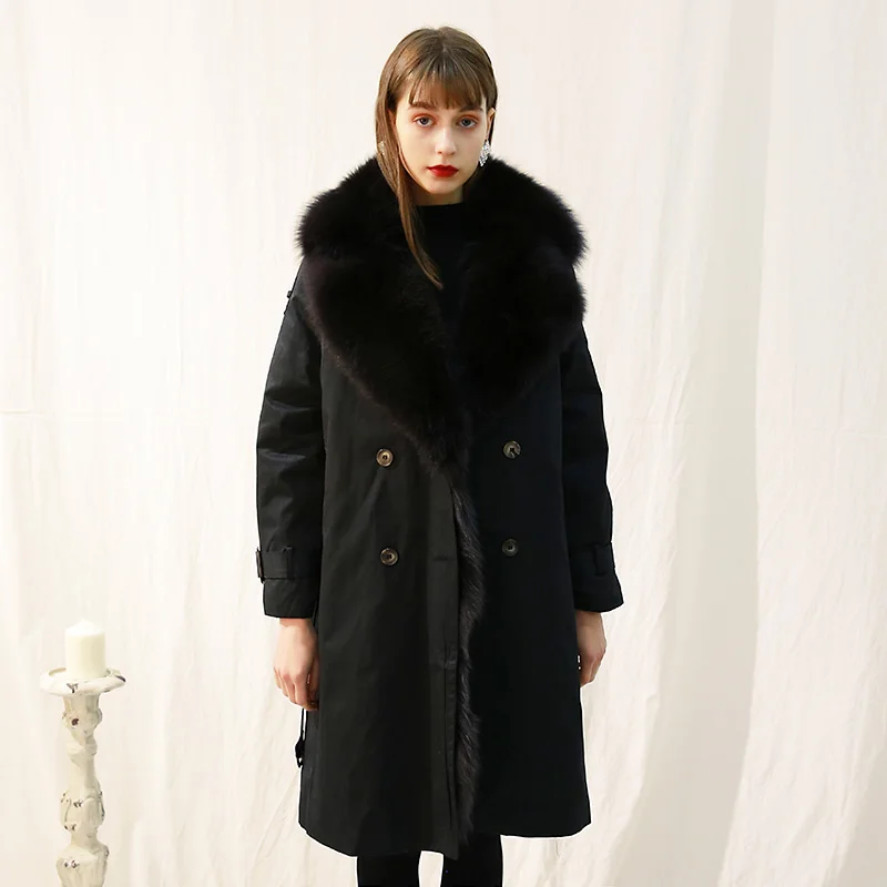 Rf0328 пальто с натуральным мехом, Женский Тренч, подкладка из натурального Лисьего меха, двубортное пальто с длинным рукавом из лисьего меха