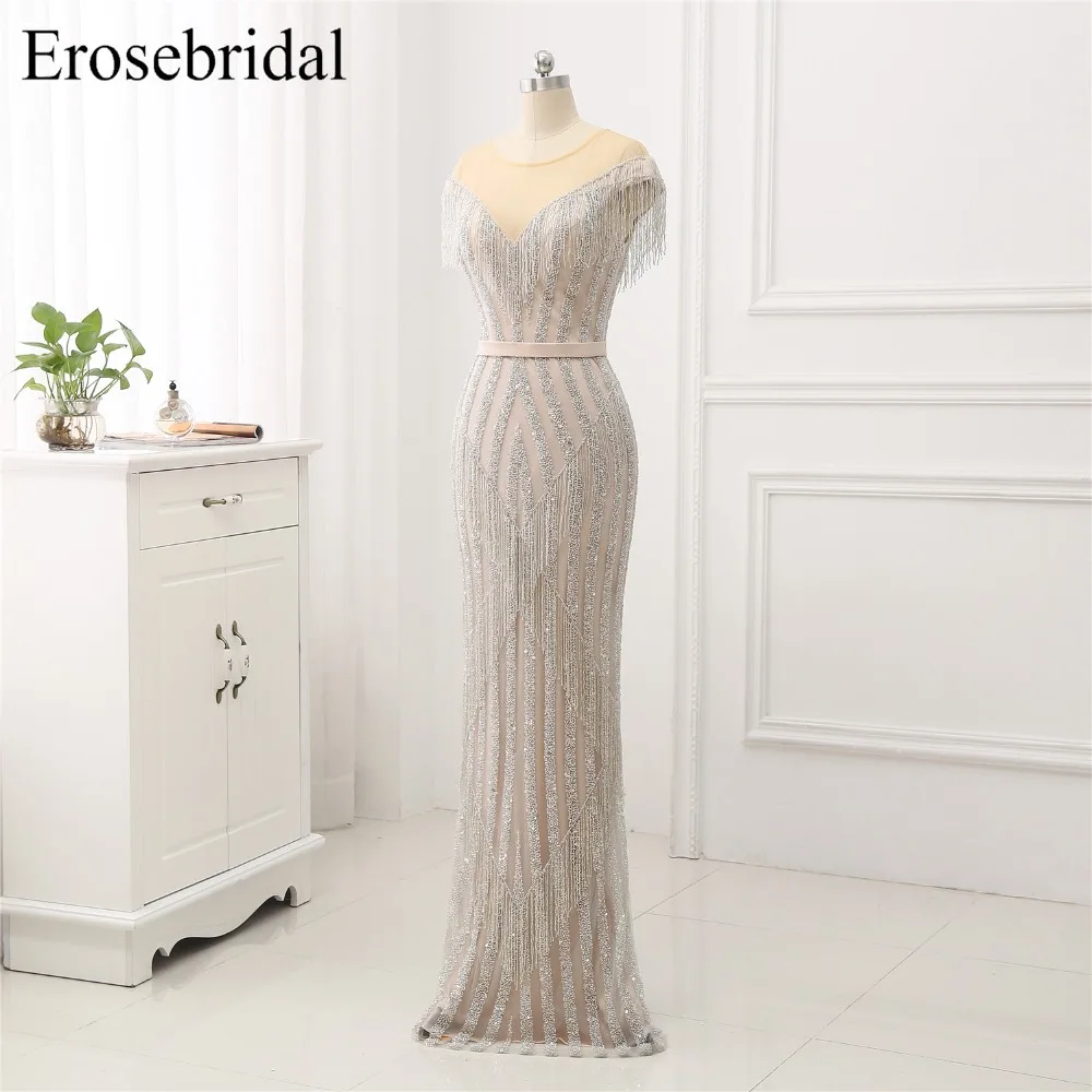 Вечернее платье, длинное, Erosebridal, роскошное, с бисером, Русалка, вечерние платья, с кисточками, с коротким рукавом, с глубоким вырезом, vestido de festa, GLR-64