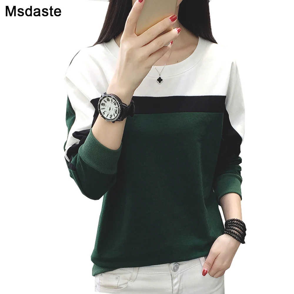 

Tee Shirts Women Tops 2019 Autumn Patchwork Long Sleeve Woman Top Brown Green Gray O-neck Cotton Casual Woman T-shirt