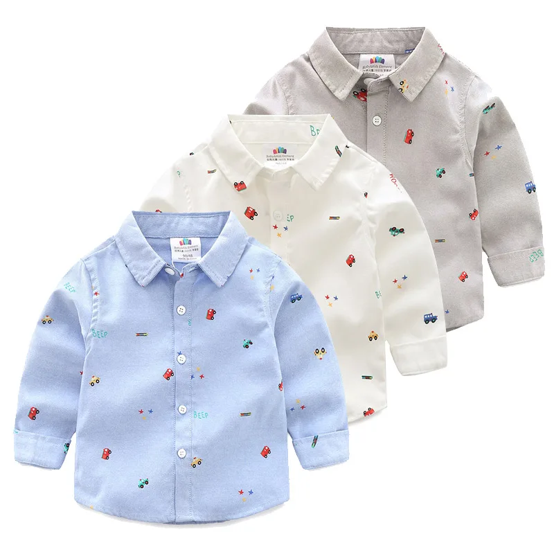 

Children Shirt 2018 Spring Autumn 2-10T New Design Cotton Turn-Down Collar Long Sleeve Colourful Car Pattern Kids Baby Boy Shirt