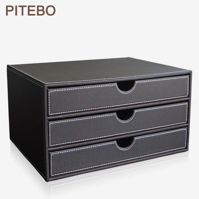 PITEBO 3-слой 3 ящика Тройная деревянная структура+ кожаный стол файл коробка для хранения Органайзер контейнер-корзина коричневый