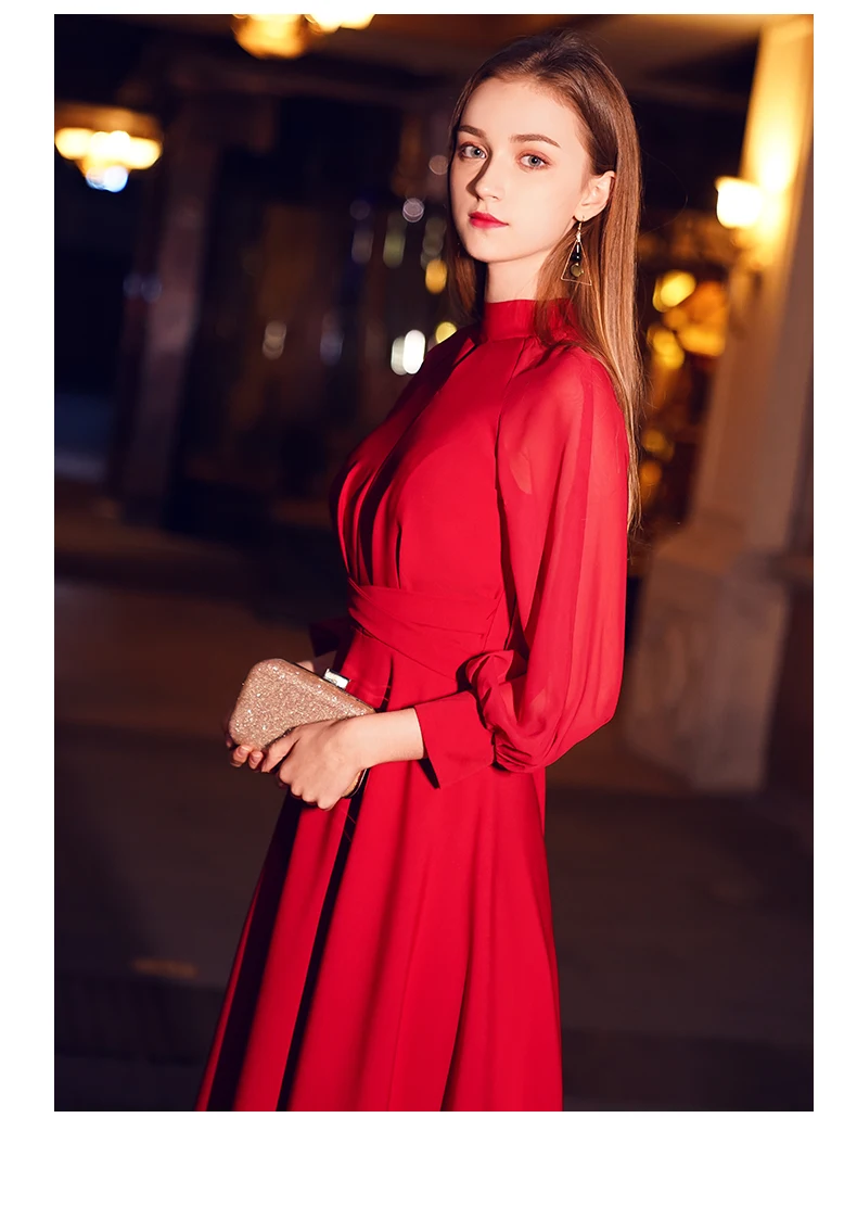 Weiyin Элегантные красные линии длинное вечернее платье 2019 новая высокая шея одежда с длинным рукавом Вечерние платье лиф Vestido Longos WY1243