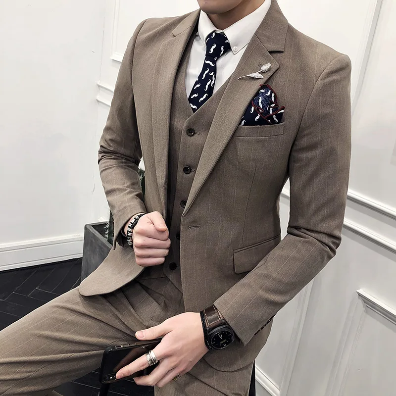 ( Jackets + Vest + Pants ) 2018 New High-end Brand Striped Formal Business Suit 3 Sets / Men's Wedding Dress Groom Striped Suits