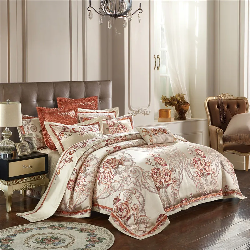 Clearance New 4/6/9Pcs Luxury wedding Bedding set Stain Jacquard Cotton Double King Queen size Bedspread set Duvet cover  Pillowcases 13