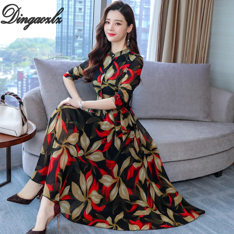 

Dingaozlz 3XL Autumn Bohemian Style Plus Size Women dress Elegant Stand Collar Flower Printed dress Elegant Chiffon Long Dress
