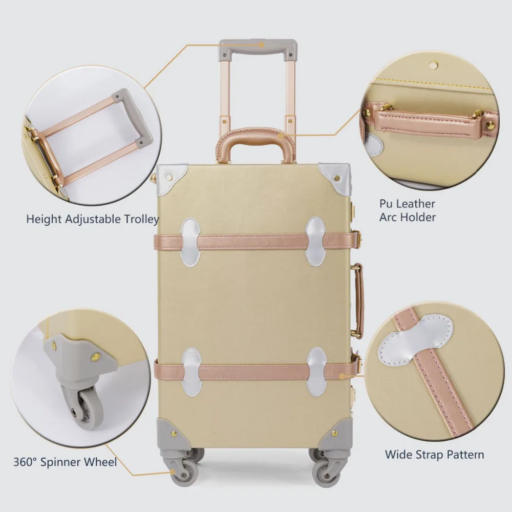 Cotrunkage Золото 2"-26" вращающиеся колеса ретро чемодан из ПУ-кожи Для женщин багажник винтажные чемоданы для девочек прокатки Чемодан
