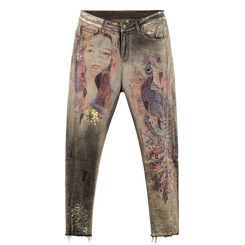 

Spring Fall Women Embroidery Flares Ripped Stretch Denim Cross Trousers , Printed Peacok Pattern Jeans Pants For Woman