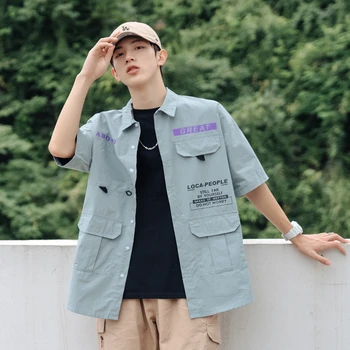 

2019 Summer New Korean Men's Printing Tooling Pocket Short-sleeved Element Students Loose Letters Sports Casual Shirt