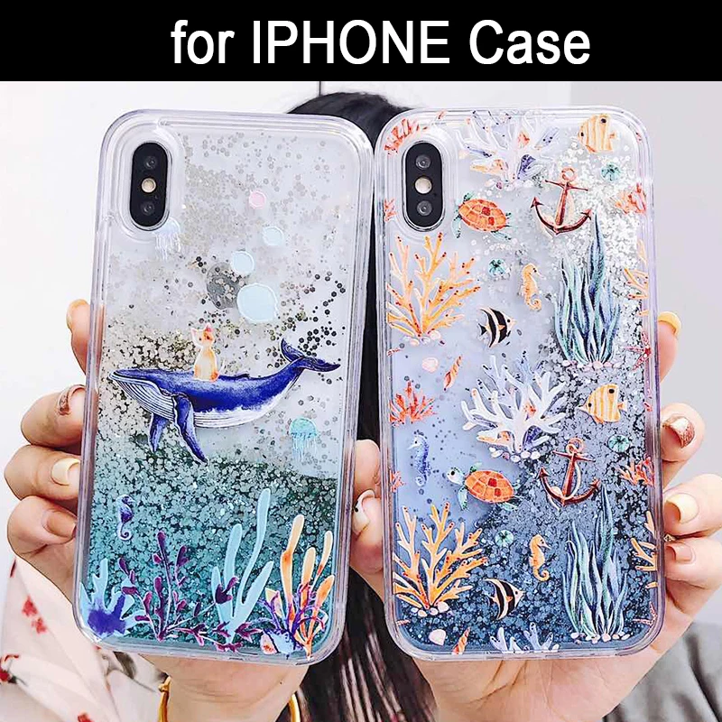 

Cute Cartoon Whale Liquid Quicksand Glitter Case For iphone 7 8 plus Cover for iphone 6 6s X 10 XR XS Max Coral Fish Coque Funda