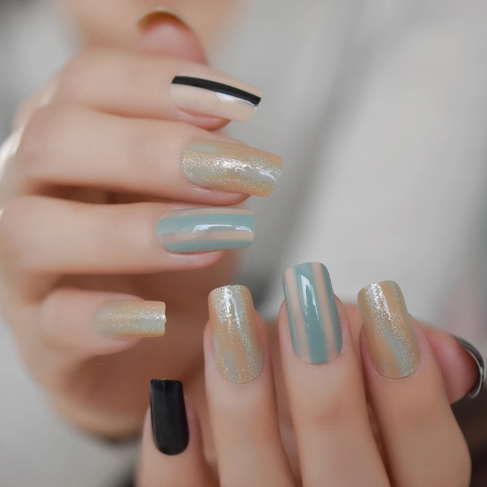 

Light Navy Blue Faux Nails Long Strip pattern Square Designer Press on Fingernails Designed