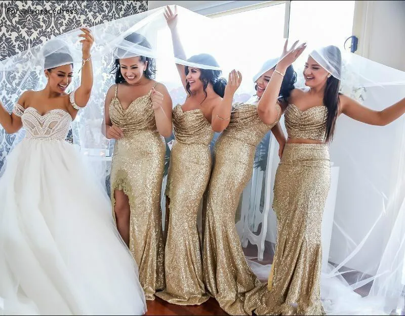 Mixed Styles Gold Bridesmaid Dresses Mermaid Long Sequins Split Maid Of Honor Gowns Formal Party Evening Dresses Plus Size  98 (1)