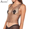 Women's Fishnet Rhinestone Crop Top 2022 Summer Sexy Mesh High Elastic Black White Shirt Net See Through Rave Diamond Tank Top ► Photo 3/6