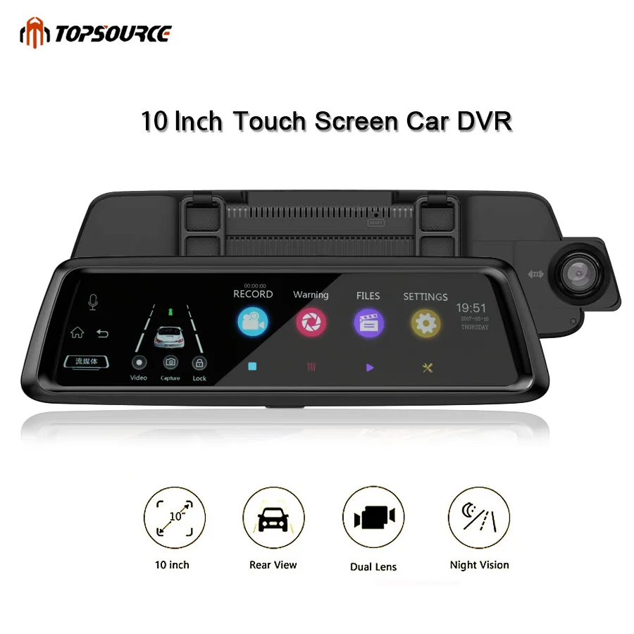 

TOPSOURCE Car DVR Camera 10" IPS HD 1080P Dvr Car Dual Lens Dash Camera Auto Rearview Mirror Video Recorder