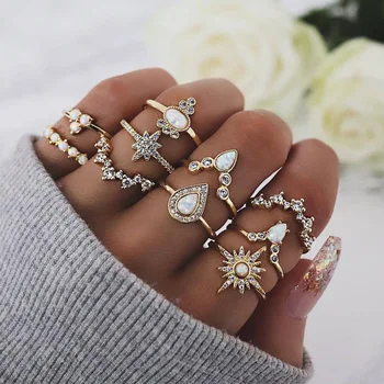 

10 Pcs/Set Charm Gold Color Crown Stars Crystal Geometry Ring Set Bohemian Water Drop Opal Ring For Women Wedding Jewelry Gift