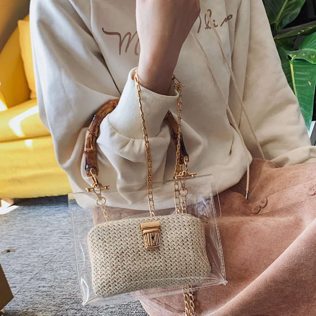 Molave bag Women 2Pcs Fashion Weave Wood Chain Waterproof Bag Crossbody Shoulder Hasp new bags for women 2019 may30 | Багаж и сумки
