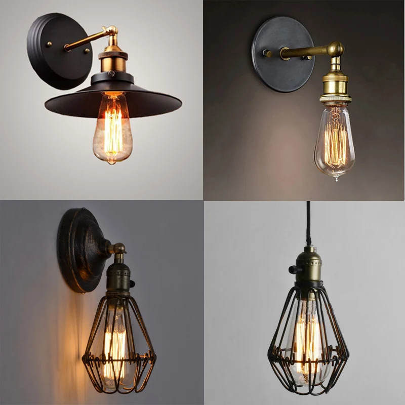 Free shipping retro wall lamp black cage lamps Vintage copper Edison lights umbrella iron brace bedroom