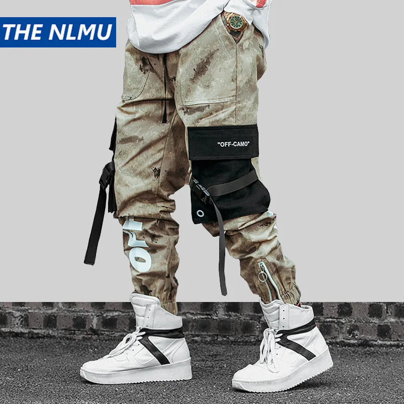 Comprar Hip Streetwear pantalones de camuflaje para hombre 2019 Ribbons pantalones de algodón Cargo pantalones cintura elástica Harem pantalones hombres WJ216