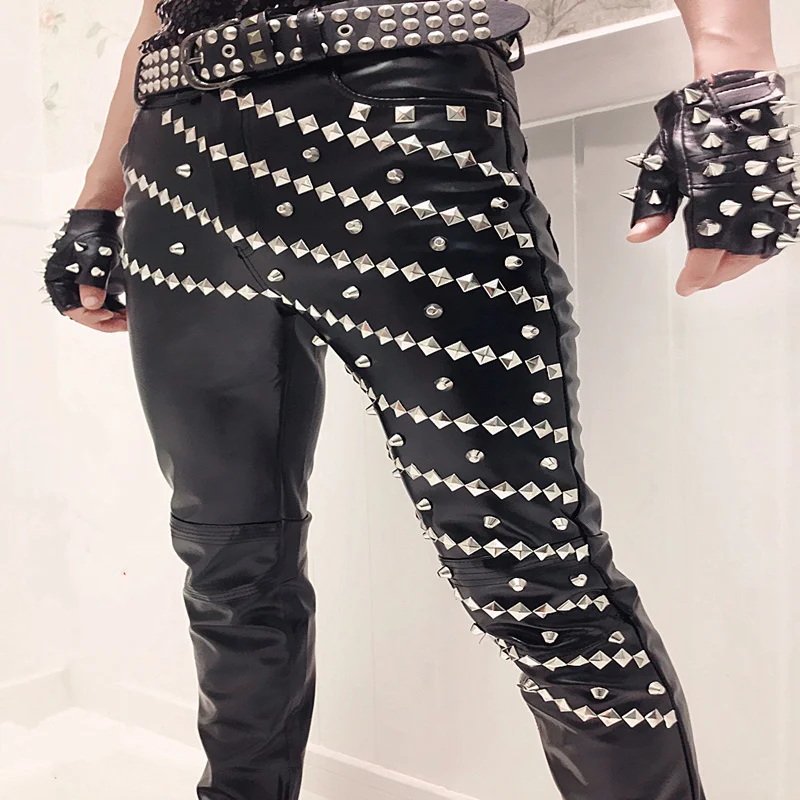 

Leather Pants Casual Pants Men Slim Joggers Motorcycle Night Club Singer Dj Vintage Punk Rock Rivets Hip-hop Stage Costume