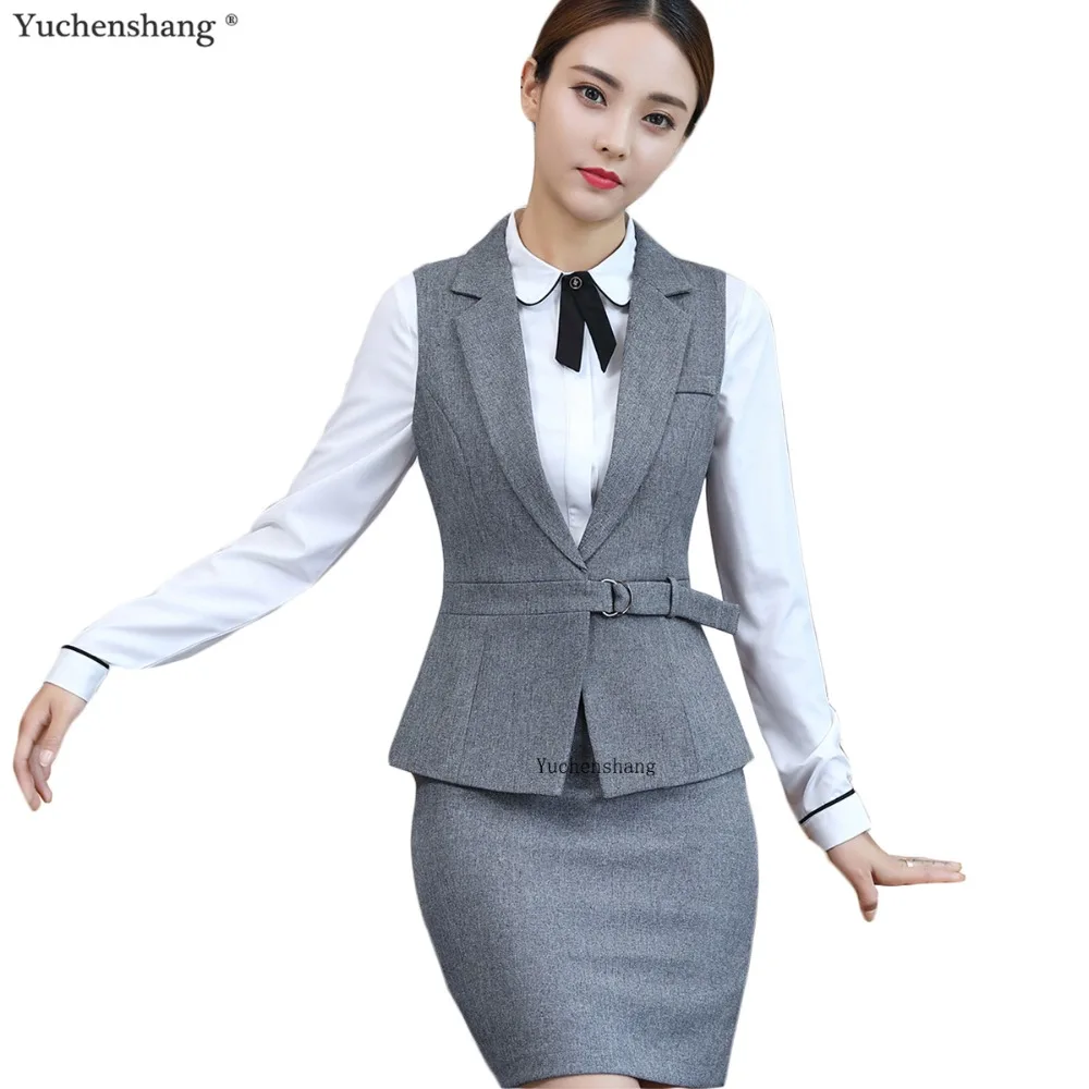 Us 4248 15 Offseragam Kantor Desain 2 Piece Set Adjustable Pinggang Formal Setelan Rok Rompi Belt Gray Rompi Wanita Tanpa Lengan Blazer Ukuran S