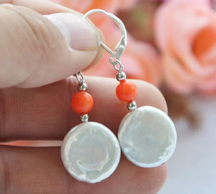 

Hot selling> free shipping 00148 WHITE COIN FRESHWATER PEARL PINK CORAL DANGLE EARRING -Bride jewelry free shipping