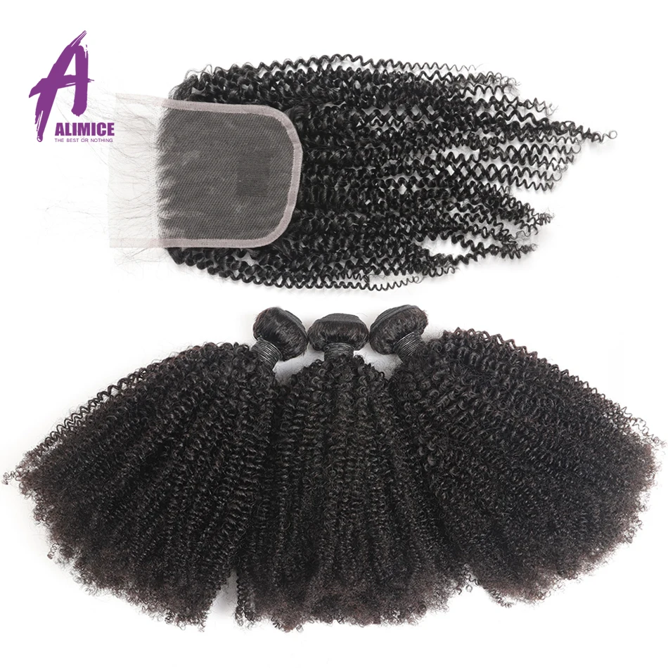 

Mongolian Afro Kinky Curly Hair Bundles With Closure 100% Remy Human Hair Weave Bundles With Closure 4B 4C Alimice Natural Hair