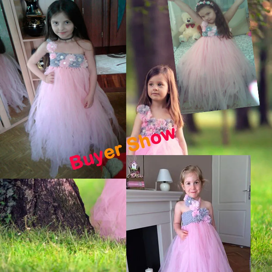 Vintage Pink and Gray Flowers Girls Wedding Tutu Dress Handmade Kids Junior Elegant Party Dresses Children Ball Gown (2)