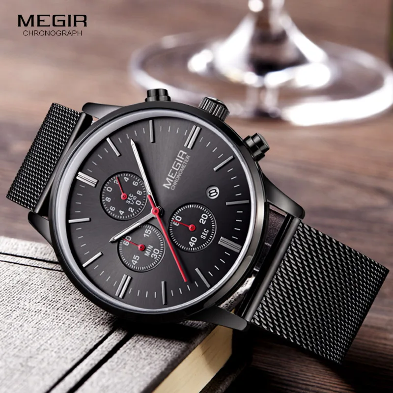 

Megir gold black silver Mesh Watch Men Stainless Steel Montre Homme Male Watches Waterproof 30 Mens Wristwatch Luminous