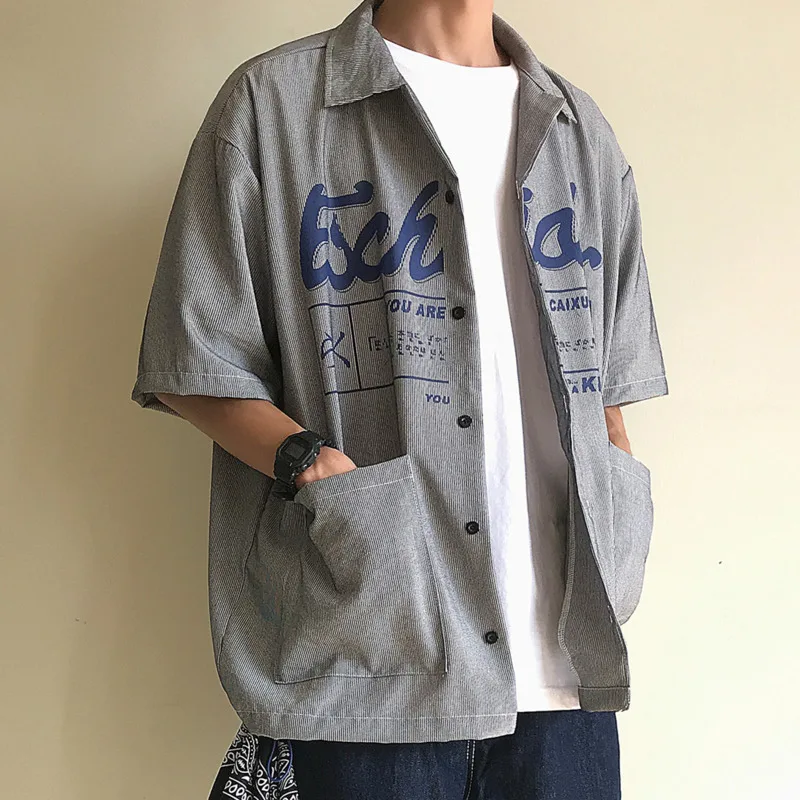 

2019 Summer Wear New Pattern Pulling Rope Pocket Printing Short Sleeve men casual Shirt