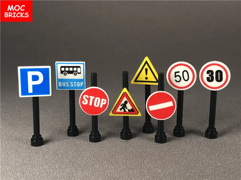 

10pcs/lot Road Sign with Clip-on stop Bus station Thoroughfare Construction worker Building Blocks Figure DIY Toys kids gifts