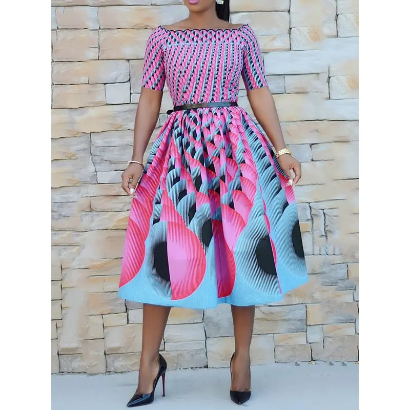 

Sweet Vintage Elegant Party Summer Pink Women Midi Dresses Aline African Off Shoulder Print Retro Female Fashion Chic Dress
