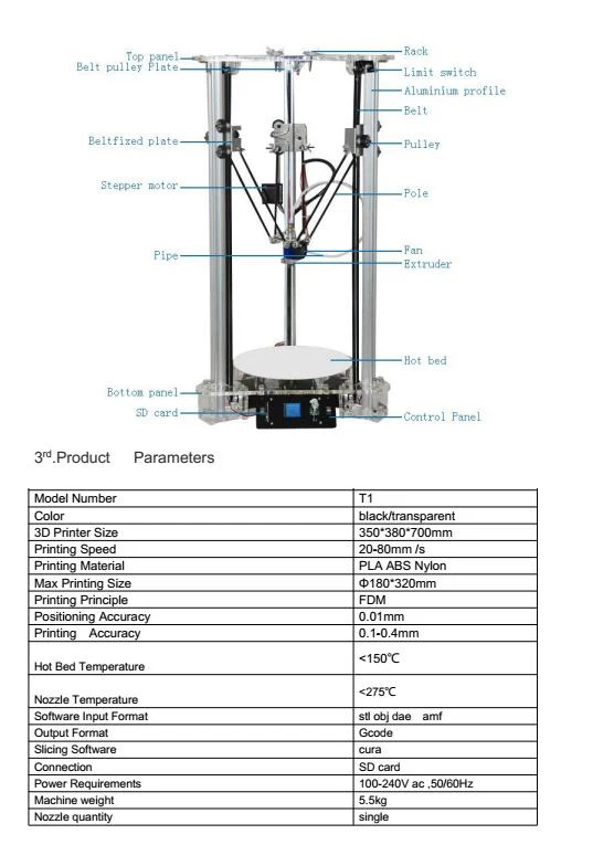 Diy 3D принтер ЖК-дисплей Экран T1 3D печатная машина 180*320 мм Металл autoLevel connection 100-240 v 1 шт