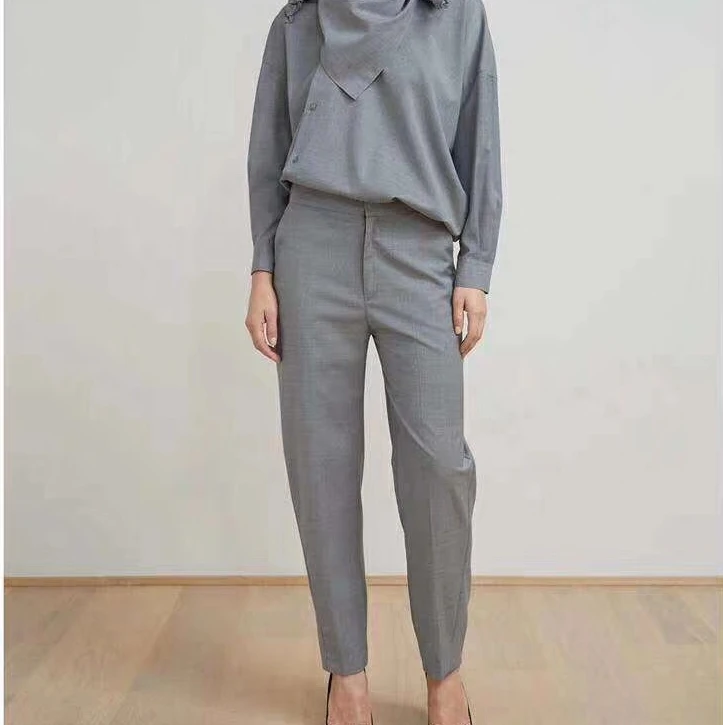 

2019 fall and winter wool trousers Asymmetrical cut legs High waist slim pant