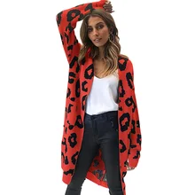 Осенние Джемперы, туники, длинный кардиган для женщин, длинный вязаный свитер с леопардовым принтом, длинный рукав, карман, вязаная одежда, верхняя одежда для женщин