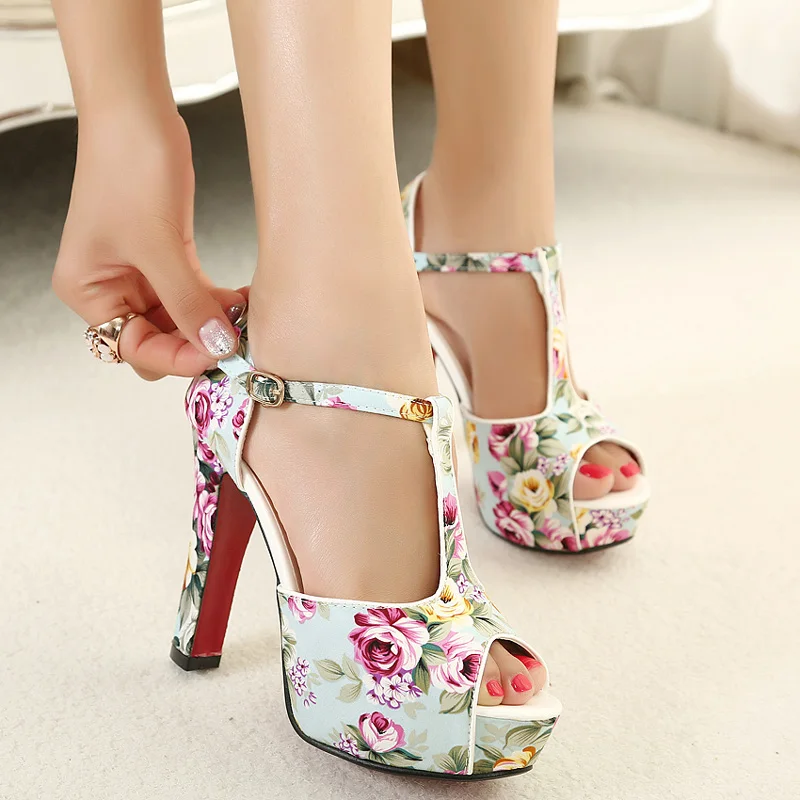 Summer Shoes Floral Print Ankle Strap Red Bottom High Heels Womens ...