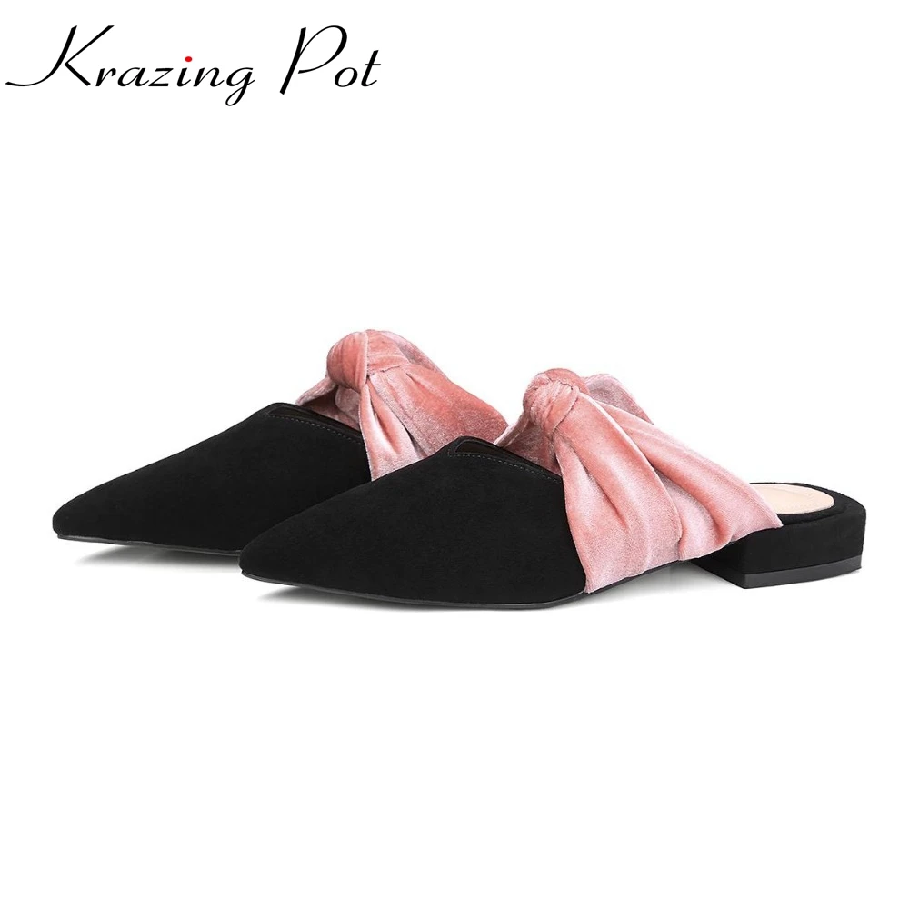 

Krazing Pot kid suede less is more girl bowtie sandals pointed toe mix color Rome style thick low heels slingback slippers L9f2