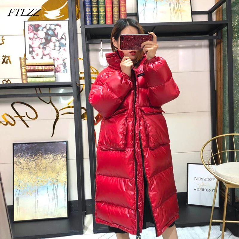 Kopen Ftlzz 2020 Vrouwen Lange Down Jas Winter Warme Jas Lange Mouwen White Duck Down Parka Stand Kraag Uitloper Ritsvak jas