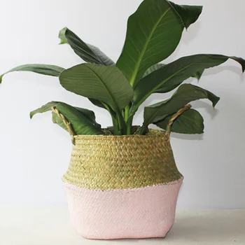 

Foldable Handmade Storage Baskets Patchwork Wicker Rattan Garden Flower Pot Planter Straw Basket Home Garden Decor